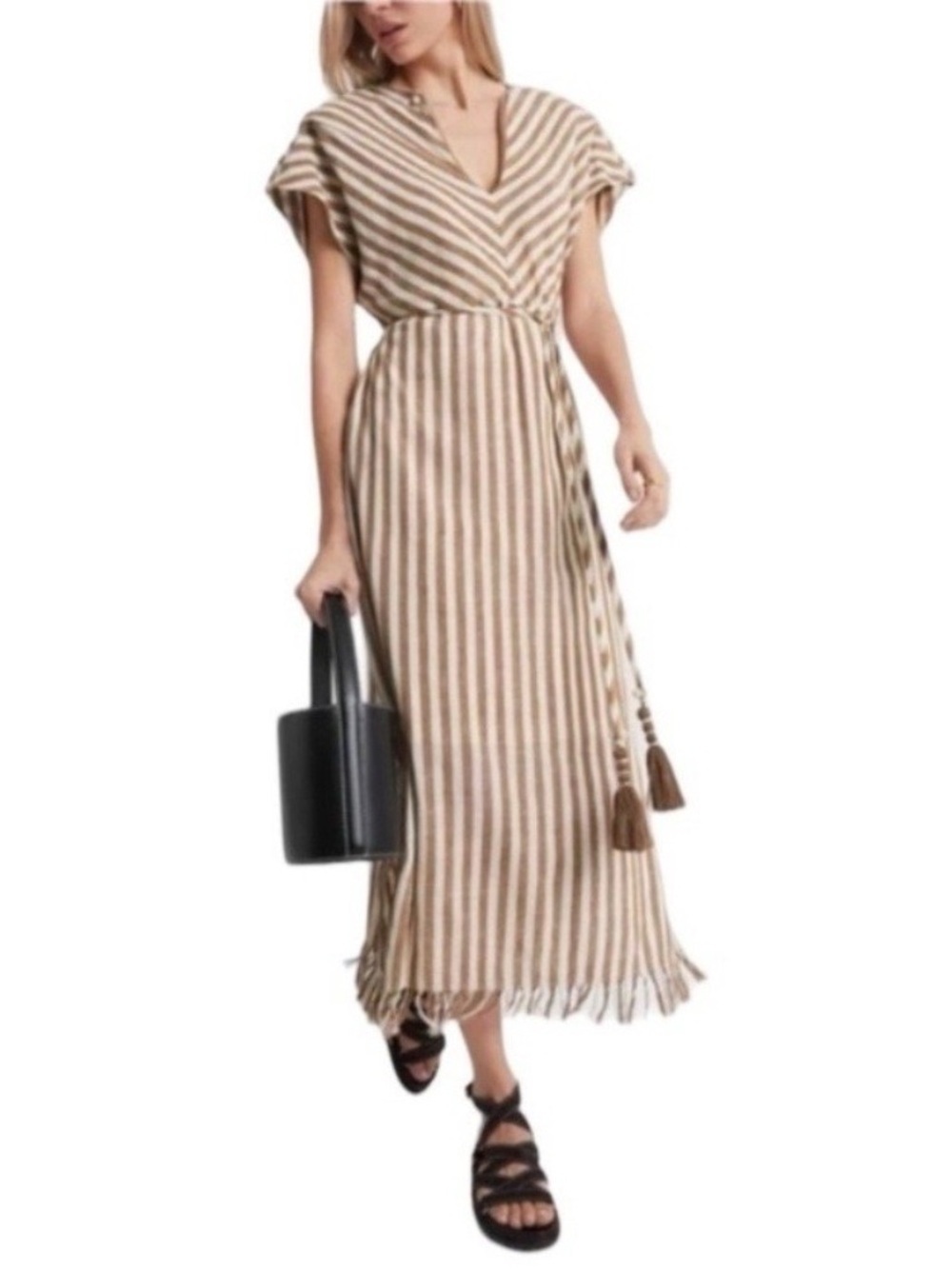 MIRTH Striped Maxi Dress in Taupe & Cream Size L NWT
